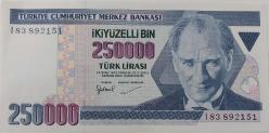 7.EMİSYON 3.TERTİP 250.000 İKİYÜZELLİ BİN TÜRK LİRASI I83892151 SERİ NOLU ORİJİNAL KAĞIT PARA ÇİL NADİR