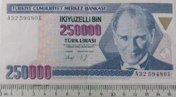 7.EMİSYON 1.TERTİP 250.000 İKİYÜZELLİ BİN TÜRK LİRASI A32594801 SERİ NOLU ORİJİNAL KAĞIT PARA ÇOK ÇOK TEMİZ NADİR