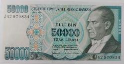 7.EMİSYON 1.TERTİP 50.000 ELLİ BİN TÜRK LİRASI J42970834 SERİ NOLU ORİJİNAL KAĞIT PARA ÇİL NADİR