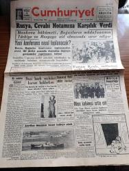 Cumhuriyet Gazetesi - 29 Eylül 1946 - bir sonbahar düşüncesi yazan Nadir Nadi Başmakale - Rusya cevabi notamızda karşılık verdi - Moskova hükümeti boğazların müdafaasının Türkiye ve Rusya'ya ait olmasını da ısrar ediyor - Yunan kralı Yorgi milletini milli birliğe davet etti fotoğraf - Mısır kabinesi istifa etti - istifa eden İsmail Sıtkı Paşa kabinesi azası fotoğraf - Nazi harp suçluları kararı beklerken - Von Neurath Dr. Schacht Ve Von Papen'in beraat edecekleri tahmin ediliyor - Cemal Nadir Karikatür - haftanın şakaları yazan Burhan Felek - kumkapı Verem dispanseri Dün törenle açıldı - Safiye Ayla Kemani Nobar Tekyay bülbül sesli sanatkar Menşure Cağaloğlu Çiftesaraylar bahçesinde - Yavuz Sultan Selim Ağlıyor yazan Feridun Fazıl Tülbentçi yazı dizisi - futbolda lig maçları başlıyor - En mühim müsabaka Fenerbahçe Beşiktaş arasında oynanacak - Amerikalı kulağına göre Türk musikisi - kıymetli ses sanatkarımız Suzan Yakar fotoğraf ve İsmail Dümbüllü Tiyatrosu Beşiktaş bahçesinde - Odeon