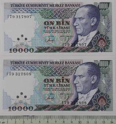 7.EMİSYON 4.TERTİP 10.000 ON BİN TÜRK LİRALARI I79317807-I79317808 SERİ NOLU ORİJİNAL KAĞIT PARALAR ÇİL NADİR
