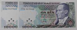 7.EMİSYON 4.TERTİP 10.000 ON BİN TÜRK LİRALARI I79317807-I79317808 SERİ NOLU ORİJİNAL KAĞIT PARALAR ÇİL NADİR