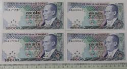 7.EMİSYON 4.TERTİP 10.000 ON BİN TÜRK LİRALARI K44679940-K44679941-K44679942-K44679943 SERİ NOLU ORİJİNAL KAĞIT PARALAR ÇİL NADİR