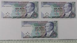 7.EMİSYON 4.TERTİP 10.000 ON BİN TÜRK LİRALARI K42135776-K42135777-K42135778 SERİ NOLU ORİJİNAL KAĞIT PARALAR ÇİL NADİR