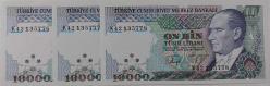 7.EMİSYON 4.TERTİP 10.000 ON BİN TÜRK LİRALARI K42135776-K42135777-K42135778 SERİ NOLU ORİJİNAL KAĞIT PARALAR ÇİL NADİR