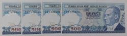 7.EMİSYON 2.TERTİP 500 BEŞYÜZ TÜRK LİRALARI E37325083-E37325084-E37325085-E37325086 SERİ NOLU ORİJİNAL KAĞIT PARALAR ÇİL NADİR
