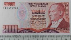 7.EMİSYON 1.TERTİP 20.000 YİRMİ BİN TÜRK LİRASI F16868913 SERİ NOLU ORİJİNAL KAĞIT PARA ÇİL NADİR