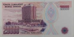 7.EMİSYON 1.TERTİP 20.000 YİRMİ BİN TÜRK LİRASI F16868913 SERİ NOLU ORİJİNAL KAĞIT PARA ÇİL NADİR