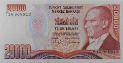 7.EMİSYON 1.TERTİP 20.000 YİRMİ BİN TÜRK LİRASI F16868913 SERİ NOLU ORİJİNAL KAĞIT PARA ÇİL NADİR