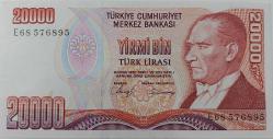 7.EMİSYON 1.TERTİP 20.000 YİRMİ BİN TÜRK LİRASI E68576895 SERİ NOLU ORİJİNAL KAĞIT PARA ÇİL NADİR