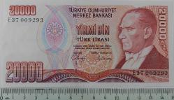 7.EMİSYON 1.TERTİP 20.000 YİRMİ BİN TÜRK LİRASI E37009293 SERİ NOLU ORİJİNAL KAĞIT PARA DESTE ÇİLİ NADİR