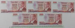 7.EMİSYON 1.TERTİP 20.000 YİRMİ BİN TÜRK LİRASI RAKAM SIRALI D45581003-D45581004-D45581005-D45581006-D45581007 SERİ NOLU ORİJİNAL KAĞIT PARALAR ÇİL ÇOK NADİR