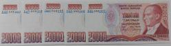 7.EMİSYON 1.TERTİP 20.000 YİRMİ BİN TÜRK LİRASI RAKAM SIRALI D45581003-D45581004-D45581005-D45581006-D45581007 SERİ NOLU ORİJİNAL KAĞIT PARALAR ÇİL ÇOK NADİR