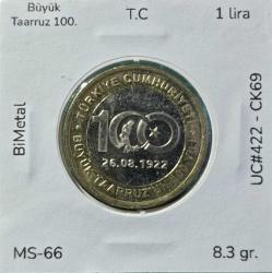 2022 1 lira Büyük Taarruzun 100. Yılı UC#422 ÇİL/MS-66