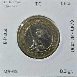 2016 1 lira 15 Temmuz Şehitleri ve Gazileri Anısına UC#128 ÇİL/MS-63