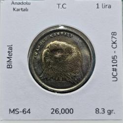 2014 Hayvanlar Serisi 1 lira Anadolu Kartalı UC#105 ÇİL/MS-64