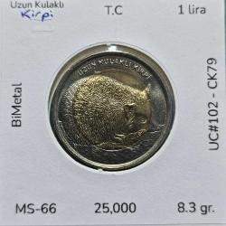 2014 Hayvanlar Serisi 1 lira Uzun Kulaklı Kirpi UC#102 ÇİL/MS-66