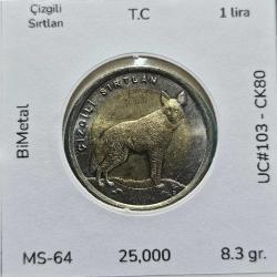 2014 Hayvanlar Serisi 1 lira Çizgili Sırtlan UC#103 ÇİL/MS-64