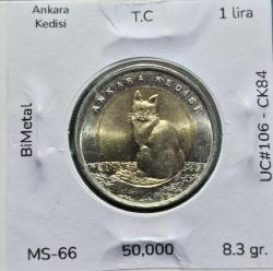 2015 Hayvanlar Serisi 1 lira Ankara Kedisi UC#106 ÇİL/MS-66