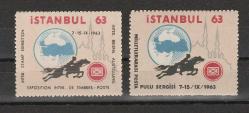 1963 İSTANBUL MİLLETLERARASI POSTA PULLARI SERGİSİ TÜRKÇE/İNGİLİZCE VİNYETLER TAKIM MNH (DANTEL DÜZENSİZLİĞİ BASIMDAN KAYNAKLI OLUP, OLAĞANDIR)