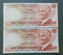 6 Emisyon G 54 742579-80 Seri Takipli 20 Lira Çil