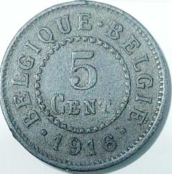 BELÇİKA 5 Centim 'BELGIQUE-BELGIE', 1916 ÇÇT (Kral Albert I)