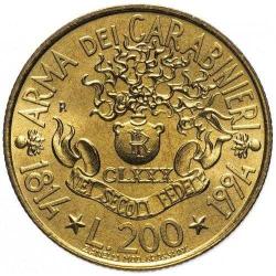 İTALYA 200 Lire, 1994 ÇA (Carabinieri Askeriyesinin 180.Yıldönümü)
