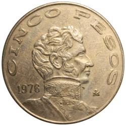 Meksika, 5 Pesos 1976. Ön Yüz: José María Morelos portresi, sağa dönük, üstte 'CINCO PESOS', solda tarih. Arka Yüz: Meksika arması (yılan yakalayan kartal), 'ESTADOS UNIDOS MEXICANOS' yazısı. Darphane İşareti: M (Casa de Moneda de México) Bakır-Nikel. (10.33 gr/29 mm)