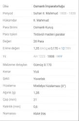 1808 TARİHLİ SULTAN 2.MAHMUT DÖNEMİ GÜMÜŞ 20 PARA
