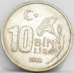 Türkiye Cumhuriyeti 1998 Yılı 10 Bin Lira Kenar Yazısı Turaya Göre Düz  (4118)