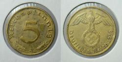 ALMANYA 5 PFENNİG 1939 A. NAZİ-HİTLER-İKİNCİ DÜNYA SAVAŞI DÖNEMİ. GAMALI HAÇ. LEUCHTTURM KAPAMADA.