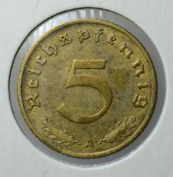ALMANYA 5 PFENNİG 1939 A. NAZİ-HİTLER-İKİNCİ DÜNYA SAVAŞI DÖNEMİ. GAMALI HAÇ. LEUCHTTURM KAPAMADA.