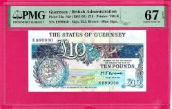 Guernsey 10 Pounds ND 1991-1995 P 54 Nice 999930 Superb Gem UNC PMG 67 EPQ (TK 18 591) ÇİL