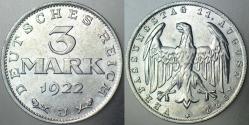 *** ALMANYA 3 MARK 1922 J. NADİR HARF. WEİMAR CUMHURİYETİ SİRKÜLASYON HATIRA- ANAYASANIN 3. YILI. ALÜMİNYUM 28 mm ÇİLALTI+
