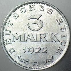 *** ALMANYA 3 MARK 1922 J. NADİR HARF. WEİMAR CUMHURİYETİ SİRKÜLASYON HATIRA- ANAYASANIN 3. YILI. ALÜMİNYUM 28 mm ÇİLALTI+