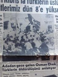 Hürriyet Gazetesi - 29 Ocak 1958 - İngiliz askerleri Kıbrıs'ta Türklerin üstüne ateş açtı şehitlerimiz Dün 8'e yükseldi - bir İngiliz askeri otomobili ile halkın arasına dalarak iki kişi şehit etmesi üzerine halk galeyana geldi fotoğraf - adadan gece gelen Osman Örek Türklerin öldürülüşünü anlatıyor - Adnan Menderes taziyette bulundu - Patrik Athenagoras'ın hususi fotoğrafçısı Dün hudut dışı edildi - Dulles ve Selwyn Lloyd Adnan Menderes ile görüştüler - Kıbrıs'ta 48 saat devam eden kanlı çarpışmalardan sonra birçok Türk Tevkif edilmiştir fotoğraf - günün yazısı bronşit - bugünkü Fenerbahçe Beyoğluspor ve yarınki Vefa Adalet maçları tehir edildi - Turgut Reis yazan Feridun Fazıl Tülbentçi yazı dizisi - sulukule eğlenceleri Beyazıt Beyaz Saray lokantasında - aşk ve macera romanı esrarlı kadın çizen Faruk Geç - Fransız sinemasının sevimli genç ümidi Helene Pratello fotoğraf - aşk ve macera romanı özlediğim yazan Bedia Altınay yazı dizisi -  Sadri Alışık - Leyla Sayar - Kenan Pars