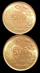 1991 500 Lira Çil (Sık Saç Seyrek saç baskı)