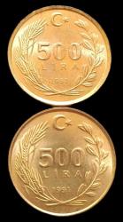 1991 500 Lira Çil (Sık Saç Seyrek saç)