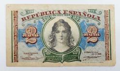 İspanya, 2 Peseta 1938. Hafif Kat İzli ve Alt Kısmında Az Yırtık Mevcut. Nadir, (ÇT)