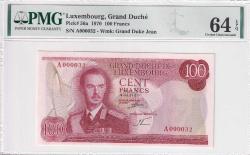 1970 Lüksemburg 100 Francs ''A000032'' PMG64 ÇİL