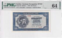 1942 Sırbistan 20 Dinara ''Tedavüle Çıkarılmamış'' Çok Nadir PMG64 ÇİL