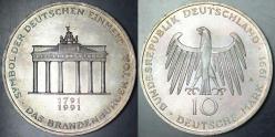 ALMANYA GÜMÜŞ 10 MARK 1991 A. HATIRA-BRANDENBURG KAPISI 100. YIL. 15,5 gr. ÇİL(-)