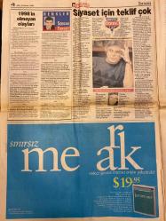 HÜRRİYET GAZETESİ DOĞUM GÜNÜ HEDİYESİ - 29 ARALIK 1998 -TAM TAKIM 38 SAYFADIR -Yalım Erez-Mesut Yılmaz-Tansu Çiller-Oktay Ekşi-Selma Demir-Sibel Sarıoğlu-Ahmet Yıldırım-Cüneyt Ülsever-Tugay-Hakan Şükür-Celalettin Bilgiç-Emre-Löw-Korkut Göze-Toshack-Oğuz Aral-Hülya Avşar-Hande Ataizi-Mesut Bahtiyar-Doğuş-Ayşe Arman-Akbaba Bekir Coşkun-Serkan Yiğit-Mine Yıldırım-Savaş Ay-Gajiana Manasiyan-Kristina  Kazığı durdurduk-Erez: İlk turda umutlarım arttı-Tansu Çiller’den ret-Plaka soygunu-Irak’ı İncirlik uçakları vurdu-Viagra yılbaşına yetişsin telaşı-Sohbete dalan dağcı iki kadın kayboldu-Tugay için Ajax devrede-Emre: Hocam git derse giderim-Otelde pazarlık-Löw tempo artıracak-Sergen kapıdan giremez-Her maça ayrı taktik-Yılbaşı sonrası bazıları yanacak-Sıcak Saatler albüm oluyor-Doğuş, burun ameliyatı oldu-Akbağ’dan yeni oyun-Deli değilmiş-Sekretere aşk kurşunu-Mahkeme tartışma kasetini izleyecek-4’ü de serbest-Adliyede pusu: Ana-oğul öldü-Onuncu köy-Bekir Coşkun  Karikatür: Oğuz Aral-Karalama