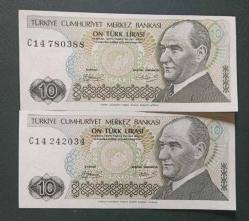 6 Emisyon C 14 Seri 10 Lira Çil (Aynı Seride uzun kaş kısa kaş farkı)