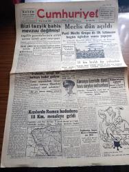 Cumhuriyet Gazetesi - 7 Mart 1944 - sürüp giden yersiz münakaşa yazan Yunus Nadi Abalıoğlu Başmakale - İngiliz gazetelerinin silah verme işinde yeni neşriyatı - meclis dün açıldı - Millet Meclisi toplantı halinde fotoğraf - Toprak ofisi namına 15 bin liralık bir yolsuzluk - Filistin meselesi Amerika'da hasıraltı edildi - hariciye vekili Numan Menemencioğlu dün İstanbul gazetecileri ile konuştu - Almanya üzerinde dünkü Hava meydan Muharebesi - Trabzon şilepi bir haftaya kadar geliyor - Kızılordu Rumen hududuna 18 Km. mesafeye geldi - yeni Sovyet taarruzuna hedef olan sahayı gösterir harita - Cemal Nadir Karikatür - Amerika Genelkurmay Başkanı general Marshall - güreşen insanlar ve güneşten develer Yazan İsmail Habip Sevük - Vali Lütfi Kırdar Ankara'ya gitti - çılgın sevgili filmi Sümer sinemasında - lokantalarda karne mukabilinde ekmek verilecek - zelzele felaketzedeleri menfaatine Sanayi sinemasında ve Taksim belediye gazinosunda etkinlik - uğraşmak istemiyoruz yazan Burhan Felek