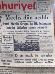 Cumhuriyet Gazetesi - 7 Mart 1944 - sürüp giden yersiz münakaşa yazan Yunus Nadi Abalıoğlu Başmakale - İngiliz gazetelerinin silah verme işinde yeni neşriyatı - meclis dün açıldı - Millet Meclisi toplantı halinde fotoğraf - Toprak ofisi namına 15 bin liralık bir yolsuzluk - Filistin meselesi Amerika'da hasıraltı edildi - hariciye vekili Numan Menemencioğlu dün İstanbul gazetecileri ile konuştu - Almanya üzerinde dünkü Hava meydan Muharebesi - Trabzon şilepi bir haftaya kadar geliyor - Kızılordu Rumen hududuna 18 Km. mesafeye geldi - yeni Sovyet taarruzuna hedef olan sahayı gösterir harita - Cemal Nadir Karikatür - Amerika Genelkurmay Başkanı general Marshall - güreşen insanlar ve güneşten develer Yazan İsmail Habip Sevük - Vali Lütfi Kırdar Ankara'ya gitti - çılgın sevgili filmi Sümer sinemasında - lokantalarda karne mukabilinde ekmek verilecek - zelzele felaketzedeleri menfaatine Sanayi sinemasında ve Taksim belediye gazinosunda etkinlik - uğraşmak istemiyoruz yazan Burhan Felek