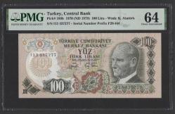 1970 PMG sertifikalı 6. emisyon 100 Türk Lirası P189b  ÇİL 64