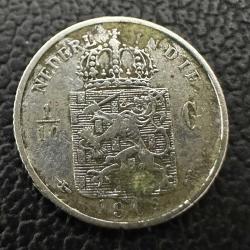 720 Ayar Gümüş Hollanda Doğu Hint Adaları 1/10 Gulden, 1908. Nadir (R) XF