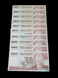 7.Emisyon 10 Adet Harf Sıralı 100.000 Türk Lirası Kağıt Koleksiyon Para . Numismatik, Antikalar, Hobi Hediye