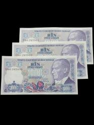 7.Emisyon 3 Adet Sıralı 1000 Türk Lirası Kağıt Koleksiyon Para . Numismatik, Antikalar, Hobi Hediye